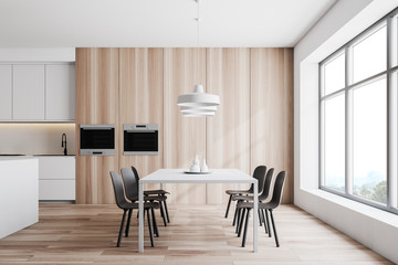 Wooden kitchen and dining room interior