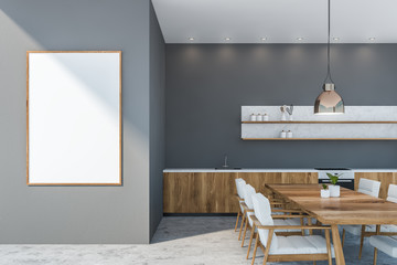 Gray kitchen interior with poster