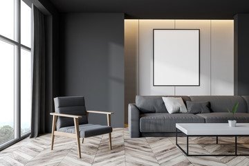 Gray and white living room with poster