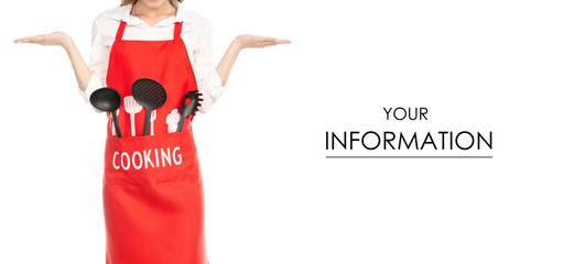 A woman in a red apron in the hands of a kitchen tools pattern on white background isolation