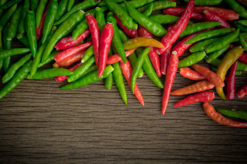 Organic red and green bird's eye chili, bird eye chili, bird's chili, chile de arbol, or Thai chili is a chili pepper, a cultivar from the species Capsicum annuum, commonly found in Southeast Asia..