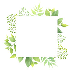Green leaves frame template. Floral border. Vector illustration. 
