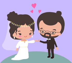 Beautiful husband and wife on a purple background. Illustration. 