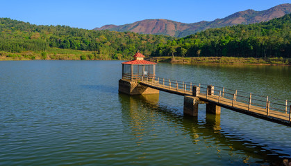 Hirekolale Lake surrounded by Western Ghat mountain range, Chikmagalur, Karnataka