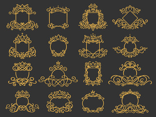 Royal monogram frame. Hand drawn crown emblem, vintage doodle sketch sign and elegant monograms. Decorative antique boutique signage border or floral ornament gold logo. Isolated vector symbols set