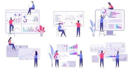 Market forecast. Trends analytics, business marketing strategy and market forecasting. Banking digital trading, blockchain finance analysis diagram. Flat vector isolated illustration icons set