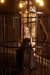 A beautiful, sexy young woman in a black evening dress, sits in a forged cage. A rich prisoner in prison.