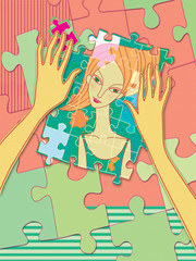 Female hands collect puzzle with a portrait of a girl. Psychology. Mind games.