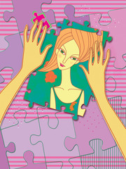 Female hands collect puzzle with a portrait of a girl. Psychology. Mind games.