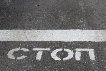 stop line on gray asphalt with the inscription (translation-stop)