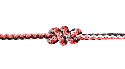 double overhand knot tied on synthetic rope cut out on white background
