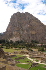 A portrait view of the UNESCO World Heritage site of the Sacred Valley of the Incas, just outside Cusco, Peru, the Ollantaytambo comlex one of the major sites