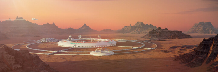 colony on Mars, first martian city in desert landscape on the red planet (3d space illustration banner)
