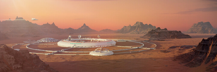 colony on Mars, first martian city in desert landscape on the red planet (3d space illustration banner) © dottedyeti