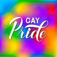 Gay Pride 3d lettering on bright gradient background colors of rainbow. Pride Day, Month, parade concept. LGBT rights slogan. Easy to edit vector template for banner, poster, flyer, sticker.