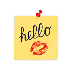 Calligraphy hand lettering Hello and red lipstick kiss on yellow sticky note attached with pin. Realistic sticker and pushpin isolated on white. Easy to edit vector template for your designs.
