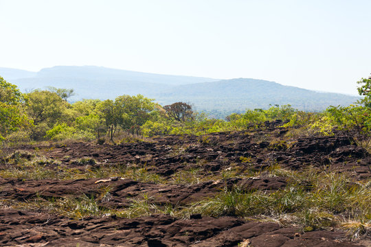Mountain landscape of volcanic formations of frozen lava. Tropical mountainous part of Bolivia. Santa Cruz, Robore. South America