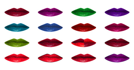 a large set of female lips in a light smile with colorful bright lipstick. isolated on white background