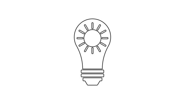 Black Solar energy panel line icon on white background. Sun and light bulb. 4K Video motion graphic animation