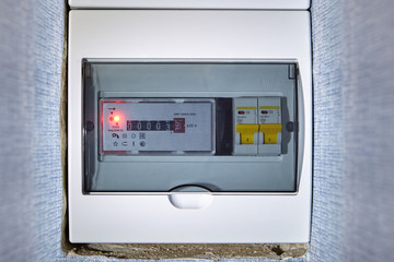 Circuit breaker panel  with electrical meter.