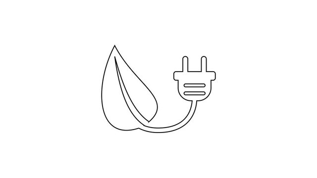 Black Electric saving plug in leaf line icon on white background. Save energy electricity icon. Environmental protection icon. Bio energy. 4K Video motion graphic animation