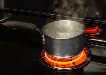 Boiling Pot of Water on Stove With Copy Space