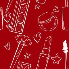 Vector seamless pattern with cosmetics, brush, blush, mascara,lipstick, eyeshadow on red background. Doodle style, good for printing. Wallpaper and fabric design. Wrapping paper pattern.