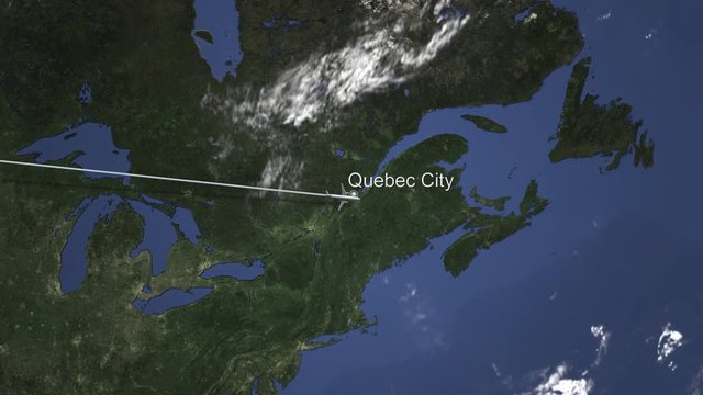 Commercial plane arrives to Quebec City, Canada, intro 3D animation