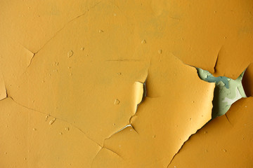 old dirty wall with yellow paint cracked from time to time, can be used as a background or texture