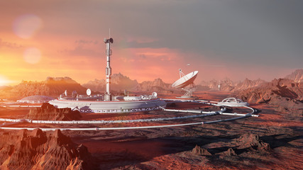 station on Mars surface, first martian colony in desert landscape on the red planet (3d space illustration banner) © dottedyeti