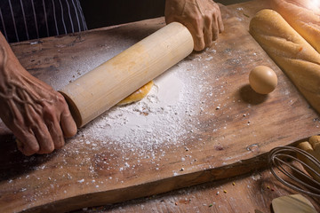 Chef hands kneading the dough for Bakery. Making dough by male hands at bakery. Man kneading dough close up. Strong hands to see the blood vessels of the bakery specialists.