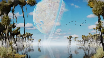 Foto op Canvas exoplaneetlandschap, buitenaardse wereld met vreemde planten en vliegende wezens (3D-ruimteillustratie) © dottedyeti