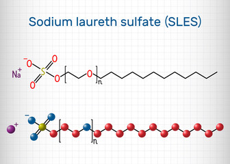 Sodium laureth sulfate (SLES) molecule. It is an anionic surfactant used in cleaning and hygiene products. Structural chemical formula. Sheet of paper in a cage