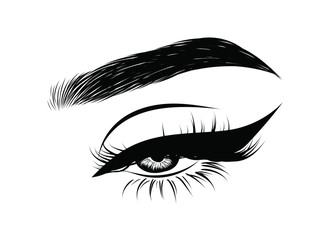 Sleek fashion illustration of the eye with luxe makeup and natural eyebrow. Hand drawn vector idea for business visit cards, templates, web, salon banners,brochures. Microblading visit card