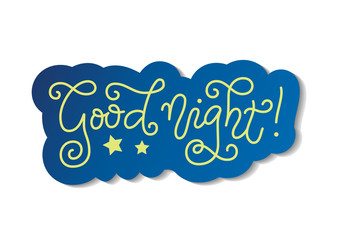 Modern mono line calligraphy lettering of Good night in yellow with blue outline on white
