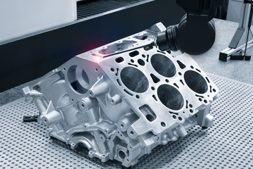 Repair motor block of cylinders, operator inspection dimension aluminium automotive par in...