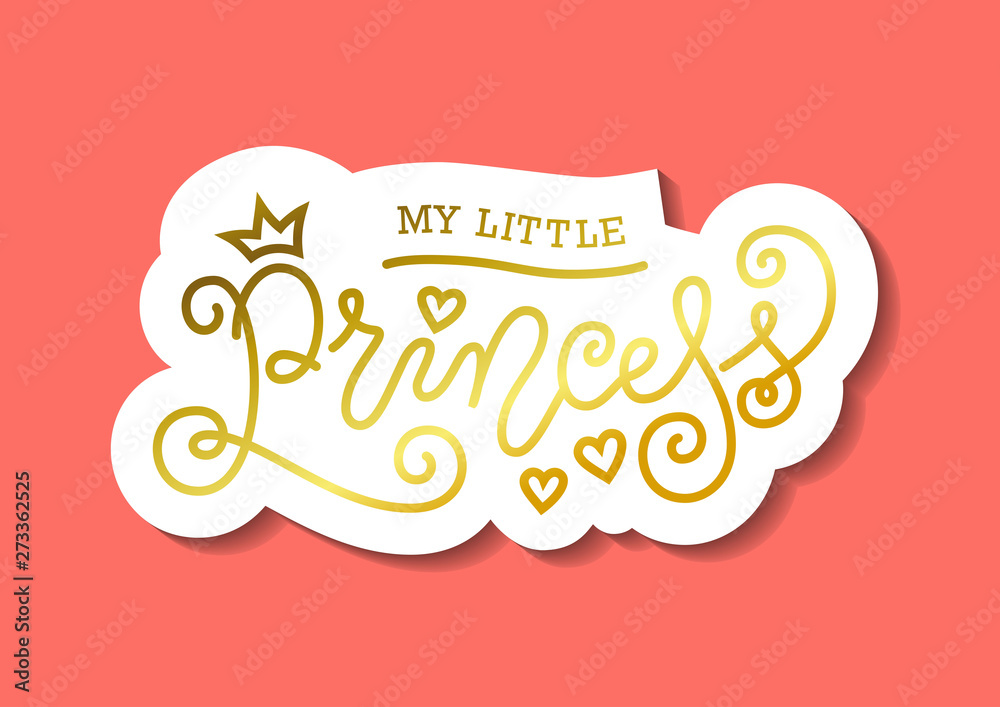 Wall mural modern mono line calligraphy lettering of my little princess in golden with white outline on coral