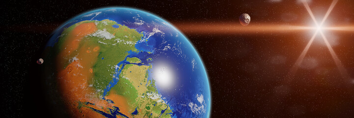 Obraz na płótnie Canvas terraforming of Mars with oceans and clouds, human living on the red planet (3d space rendering banner, elements of this image are furnished by NASA)