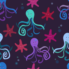 Vector seamless pattern with funny cartoon octopus and sea star. Sea life texture. Under ocean print. 