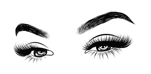  Fashion illustration of the eye with long full lashes. Hand drawn vector idea for business visit cards, templates, web, salon banners,brochures. Natural eyebrows and modern makeup