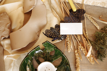 blank business card on handmade plates