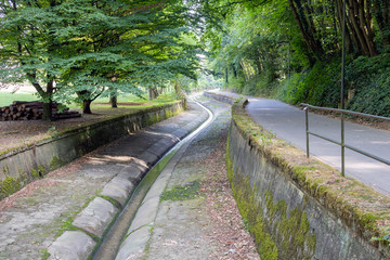 Park downtown Luxembourg city with footpath along Petrusse creek