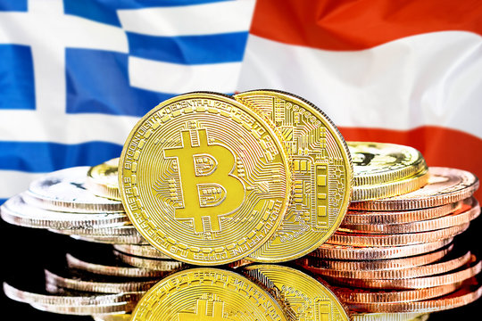 Concept for investors in cryptocurrency and Blockchain technology in the Greece and Austria. Bitcoins on the background of the flag Greece and Austria. - Powered by Adobe