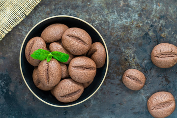Coffee bean cookies in a bowl - overhead view