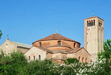 Fototapeta na wymiar Ancient and historic area of the island of Torcello in Italy. Church of Santa Fosca and Santa María de Torcello