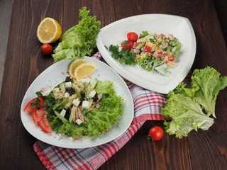 Two salads with vegetables and herbs in plates on a wooden table