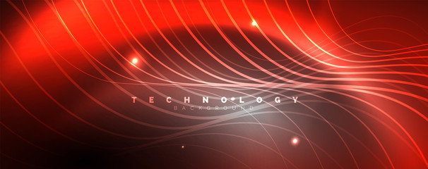 Shiny neon lights, dark abstract background with blurred magic neon light curved lines