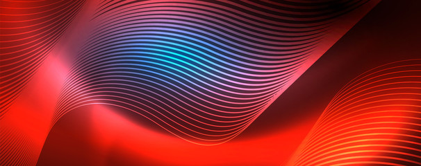 Trendy neon blue abstract design with waves and circles. Neon light glowing effect. Abstract digital background.