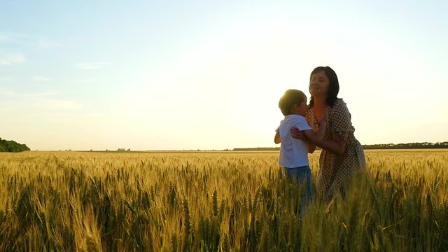 A happy child runs into the arms of her mother over a wheat field, after which the mother hugs and kisses the child