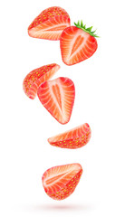 Isolated strawberries float in the air. Falling pieces of strawberry fruits isolated over white...